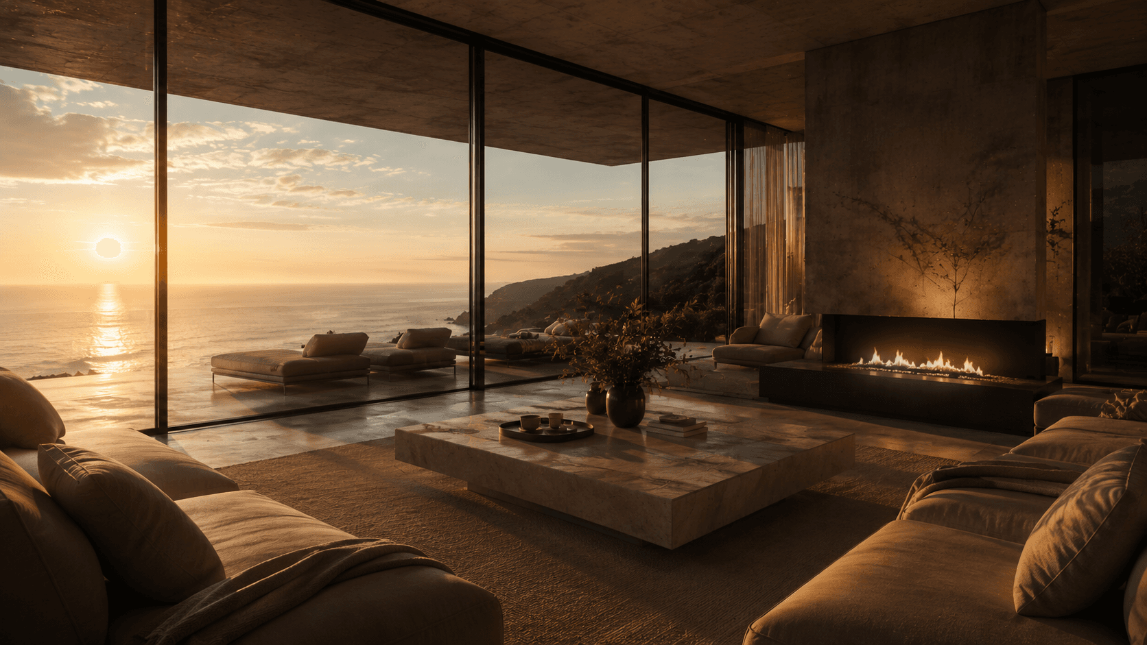 The double-height living room with floor-to-ceiling glass framing the Pacific horizon