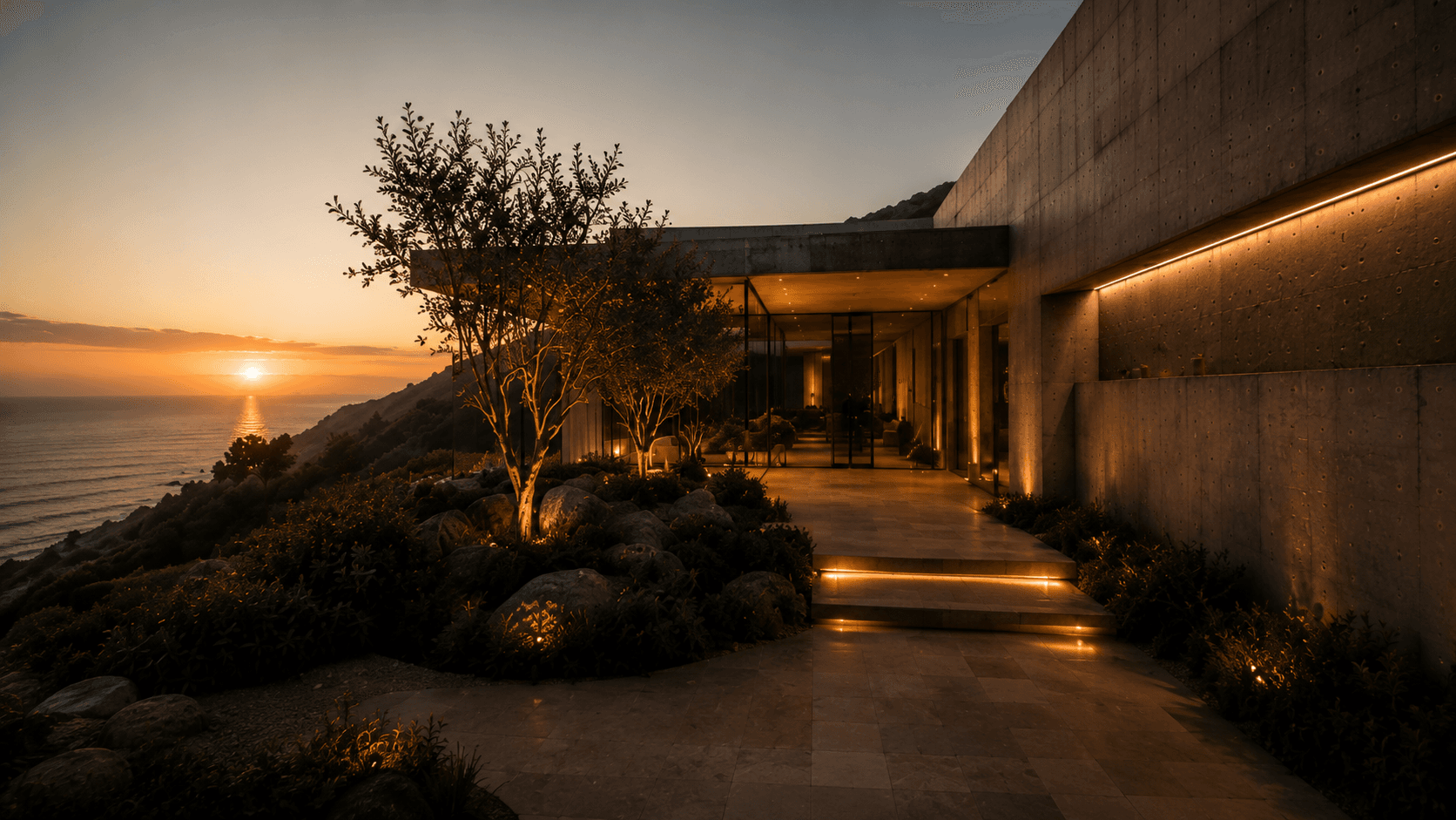 A cinematic still framing the golden-hour coastline