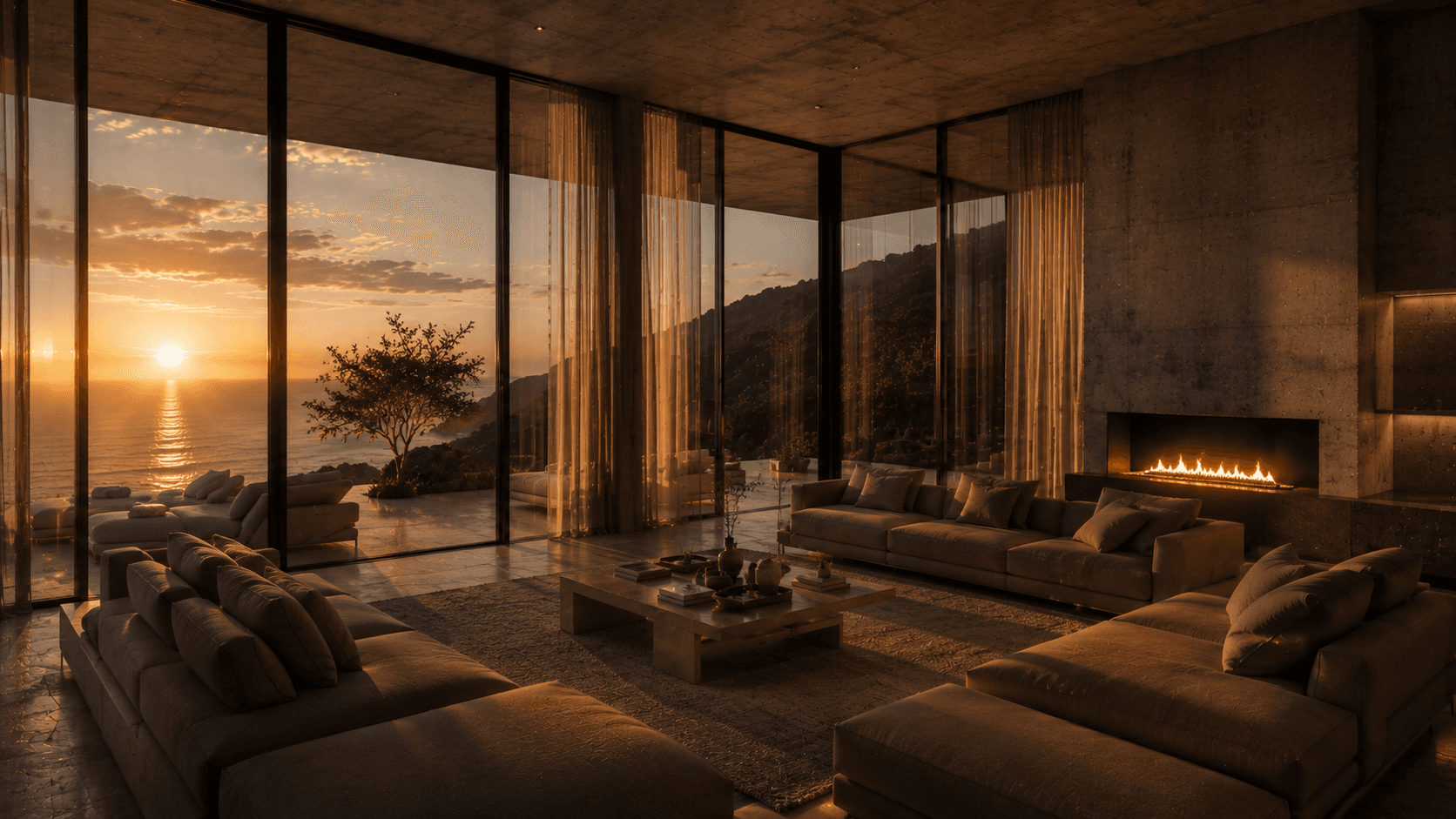 A concrete villa living room at golden hour