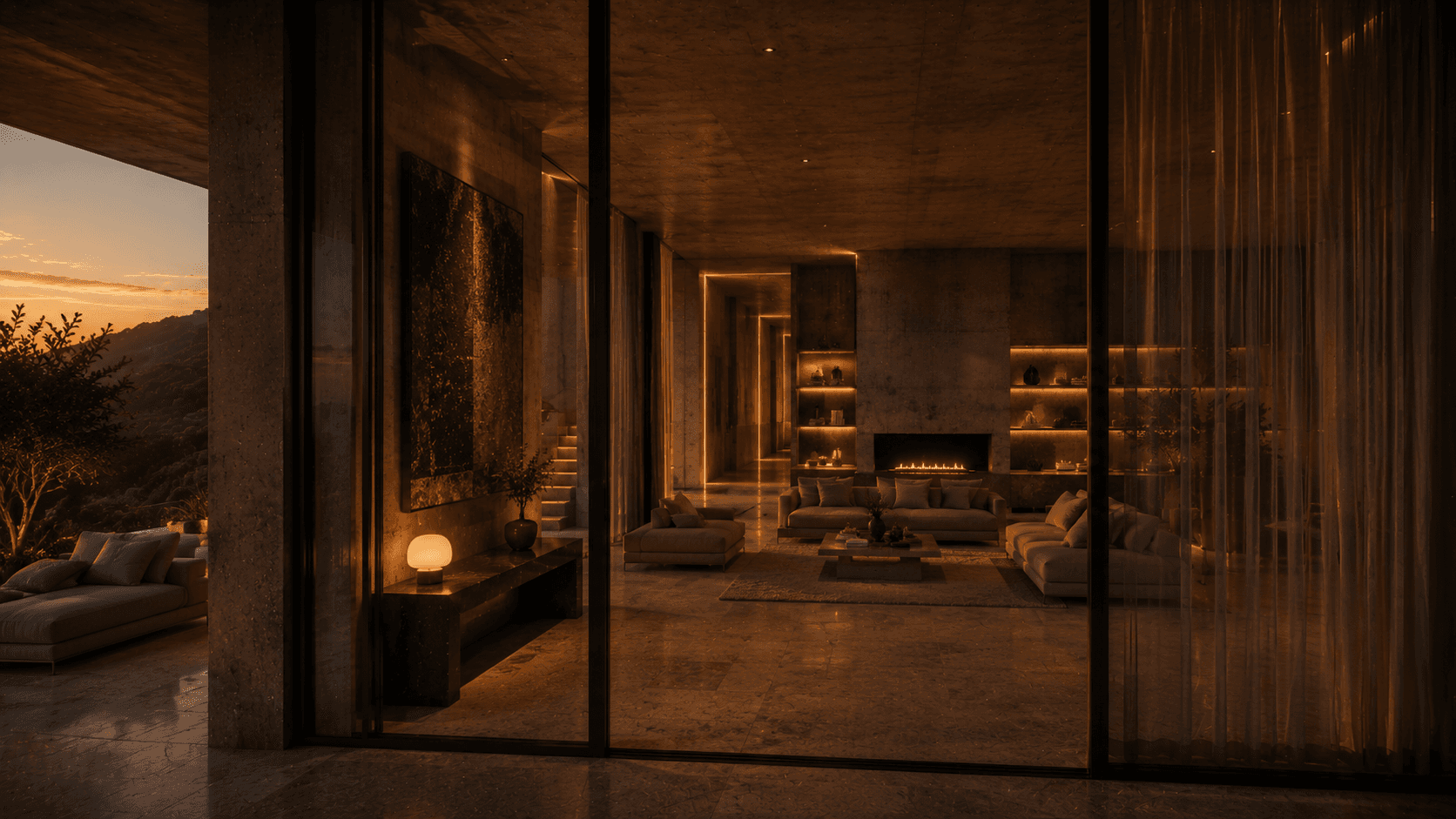 A concrete villa interior at golden hour
