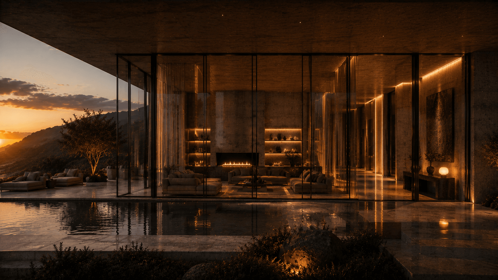 A concrete villa terrace at golden hour