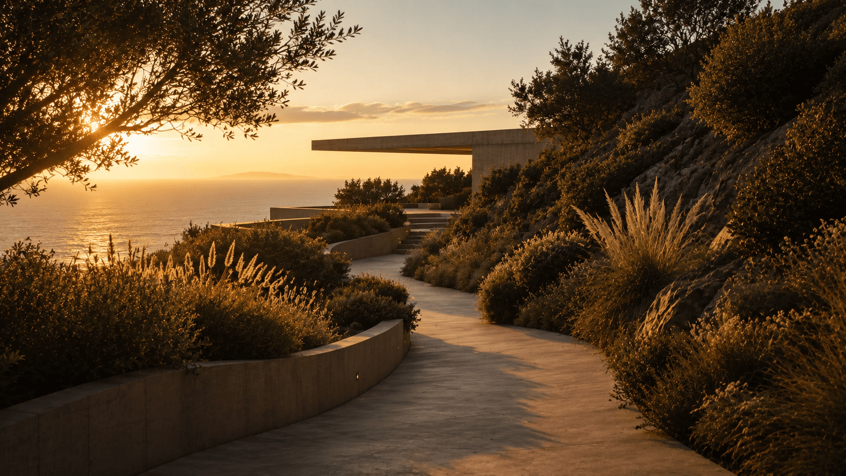 A cliffside concrete villa at golden hour