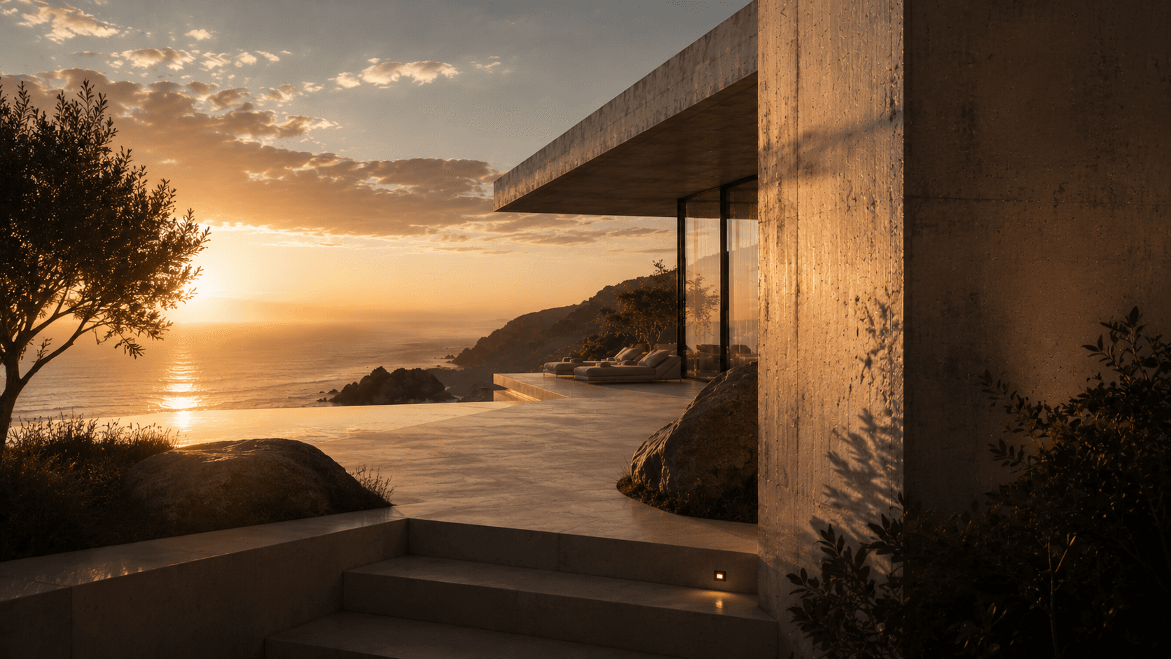A concrete villa interior at golden hour