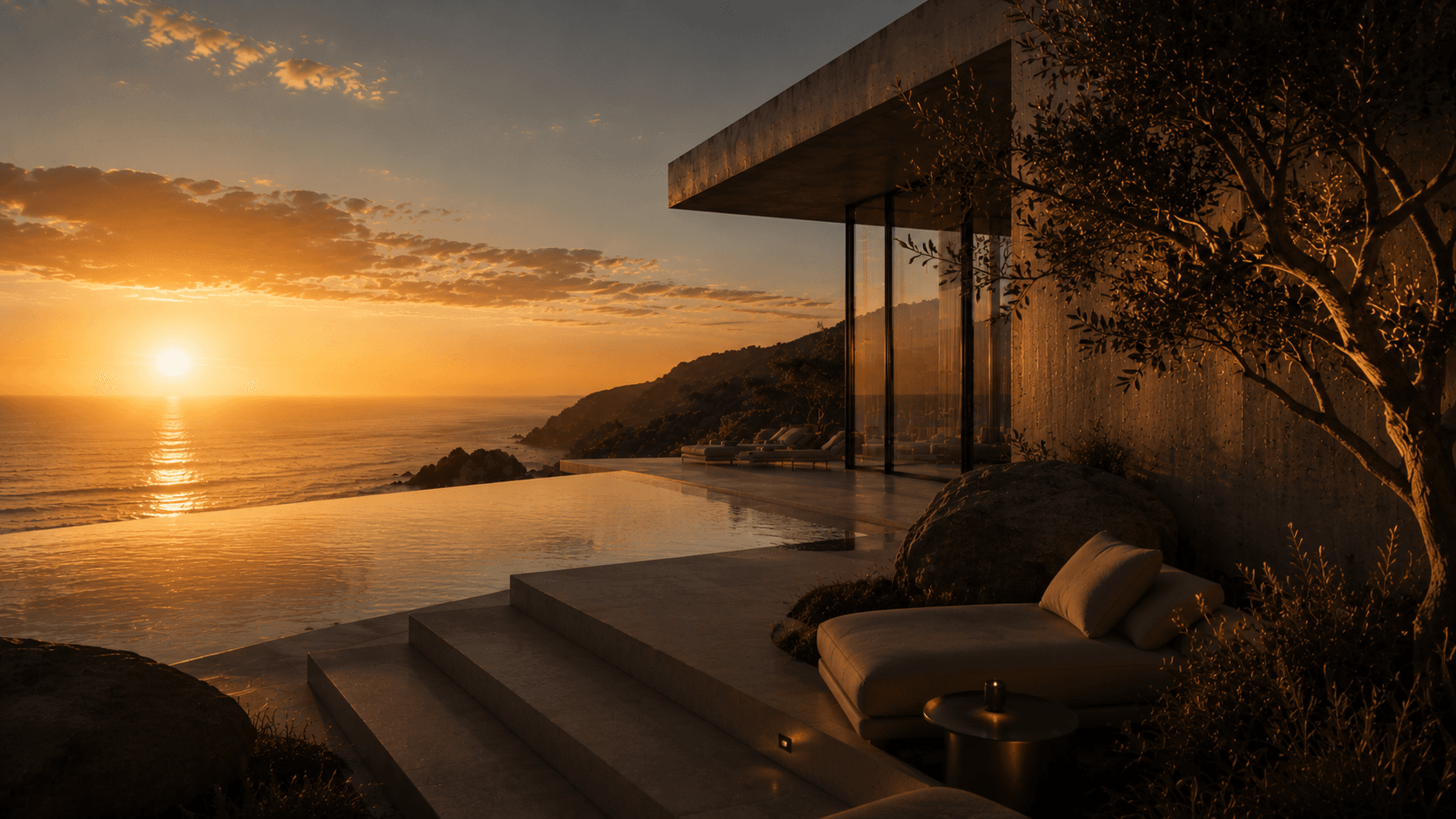A concrete villa terrace at golden hour