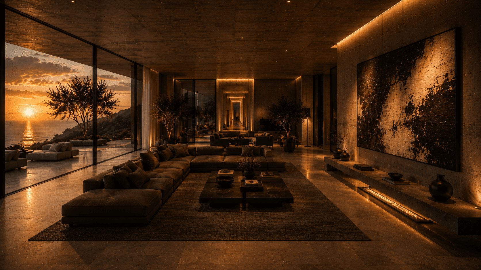 A cinematic still framing the golden-hour coastline